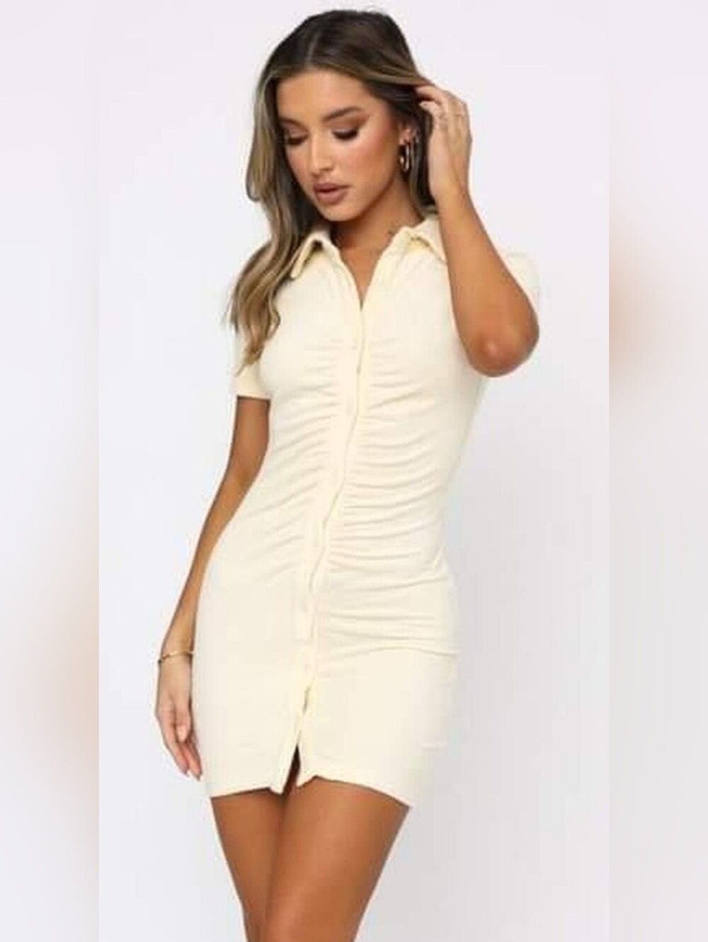 White Fox Boutique Cream Ruched Button-Front Polo Dress